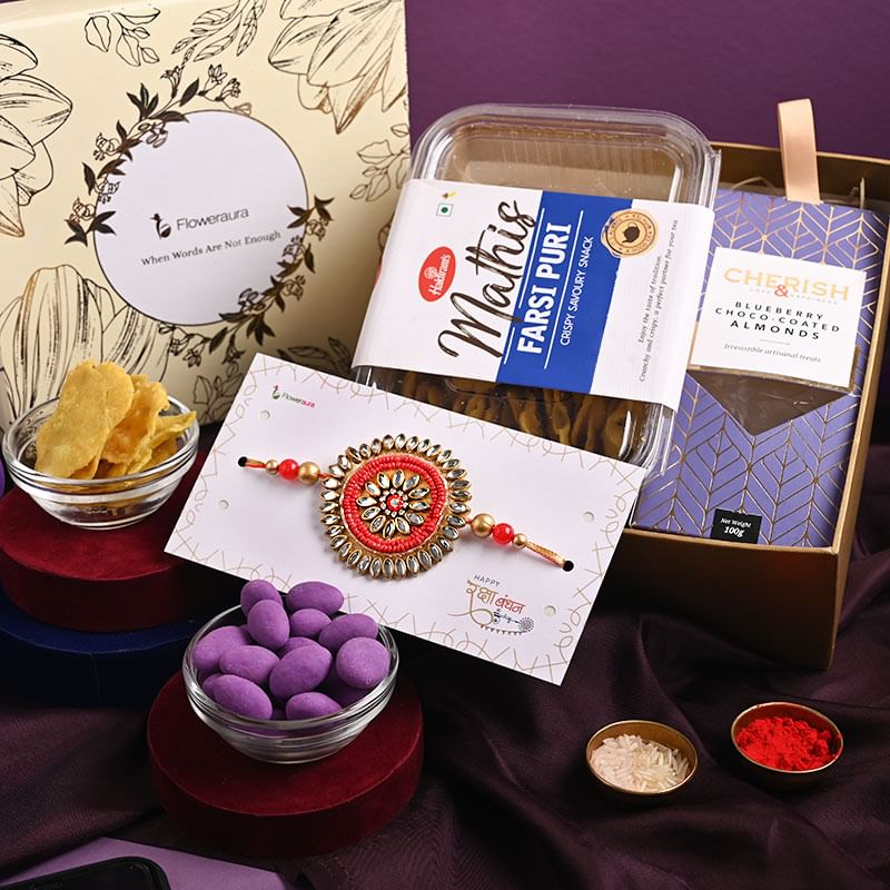 Haldiram Farsi Puri with Blueberry Almonds N Floral Rakhi-UK