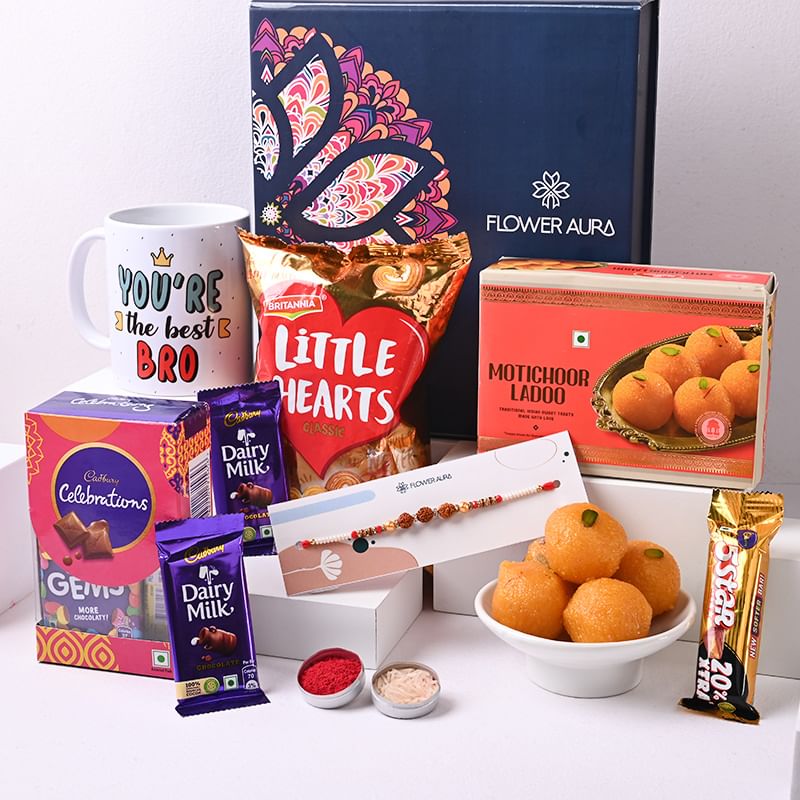 Designer Rakhi with Haldirams Ladoo, Rakhi Mug Chocolates N Little Hearts