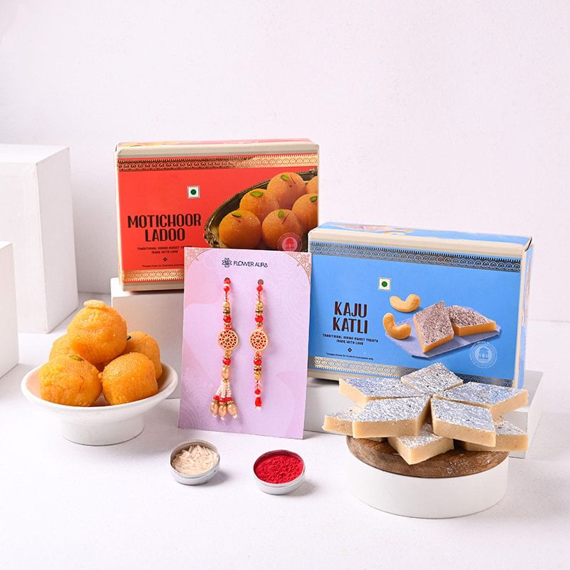 Haldirams Motichoor Laddoo N Kaju Katli With Couple Rakhi