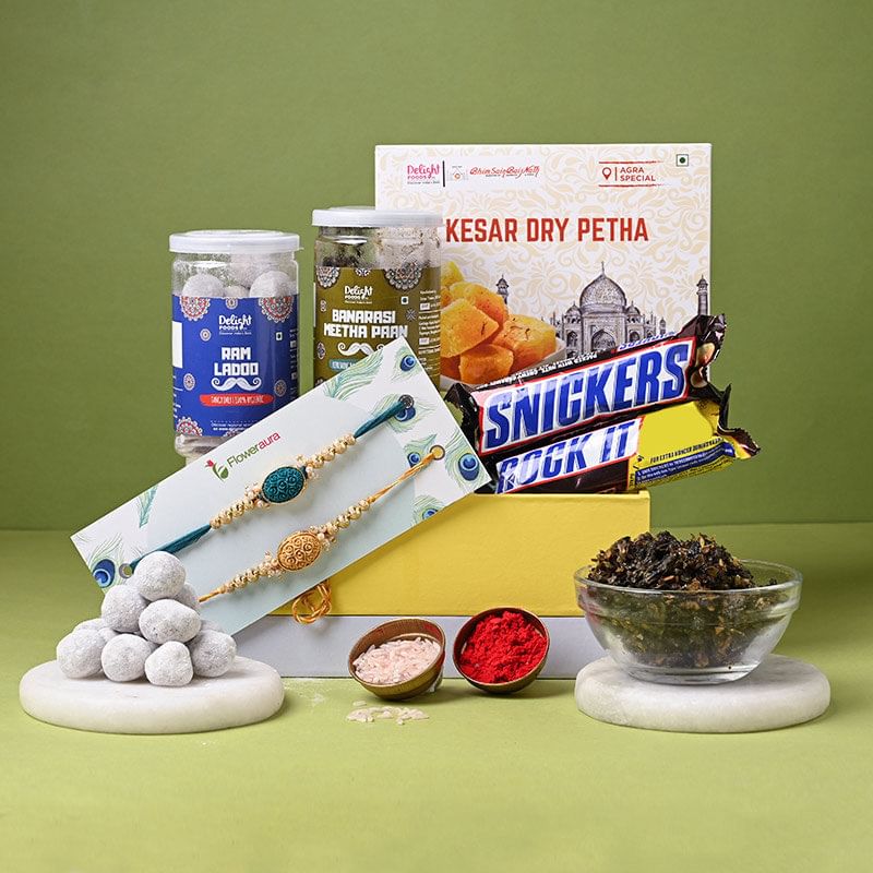 Designer Rakhis with Paan Flavoured Petha & Chocolates - Order This Rakhi Gift Hamper Online