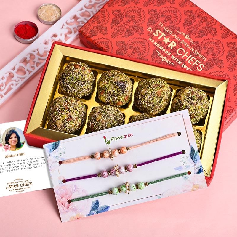 Order Handmade Dry Fruit Laddoos With Rakhi Trio Online in India