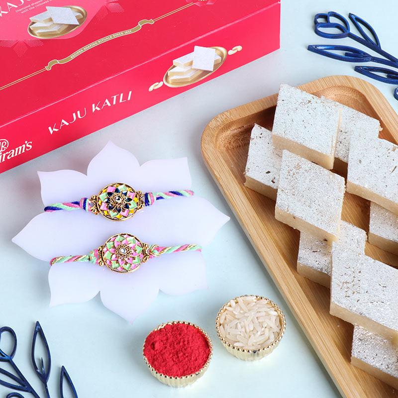 Handpainted Floral Meenakari Rakhis With Kaju Katli