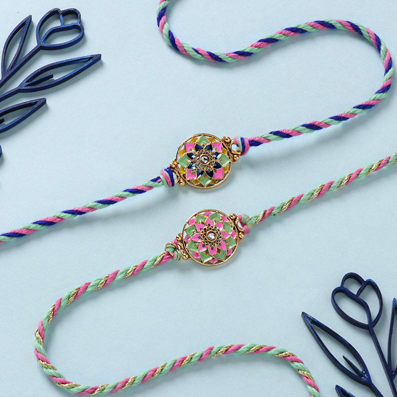 Handpainted Floral Meenakari Rakhis With Kaju Katli