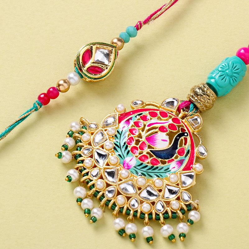 Handpainted Kundan Peacock Bhaiya Bhabhi Rakhis