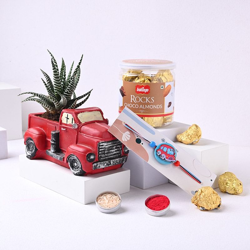 Haworthia Plant In Red Truck Pot Choco Almond N Car Rakhi