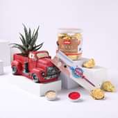 Haworthia Plant In Red Truck Pot Choco Almond N Car Rakhi