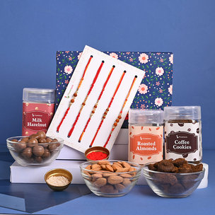 Order Set of 5 For Brother With Dry Fruits Online - Choco Hazelnut Roasted Almonds N Coffee Cookies With Five Rudraksha Rakhis