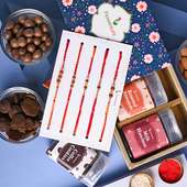 Send Set of 5 With Dry Fruits For Brother Online - Choco Hazelnut Roasted Almonds N Coffee Cookies With Five Rudraksha Rakhis