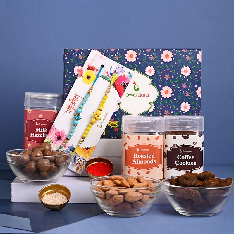 Order Set of 2 For Brother With Dry Fruits Online - Hazelnut Chocolates Nuts Coffee Cookies N Roasted Almonds Vibrant Rakhi Duo