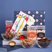 Order Set of 2 For Brother With Dry Fruits Online - Hazelnut Chocolates Nuts Coffee Cookies N Roasted Almonds Vibrant Rakhi Duo