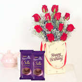 Hbd Red Roses N Silk Combo - Bunch of 12 Red Roses with Birthday Flower Box and 2 Dairy Milk Silk