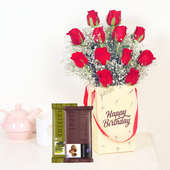 Hbd Red Roses N Temptations Combo - Bunch of 12 Red Roses with Birthday Flower Box and 2 Cadbury Temptations