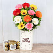 Hbd Rocher N Mix Gerberas Combo - Bunch of 12 Mixed Gerberas with Birthday Flower Box and Pack of 16 Ferrero Rochers