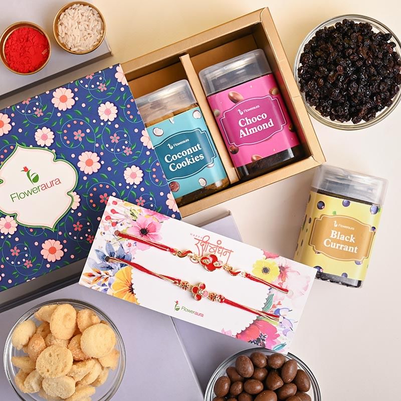 Send Set of 2 With Dry Fruits For Brother Online - Healthy Black Currant Almonds Cookies And Rakhi
