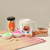 Healthy Holi Hamper - 2 Gulal Packets and One Personalised White Ceramic Mug with Cashews and Almonds