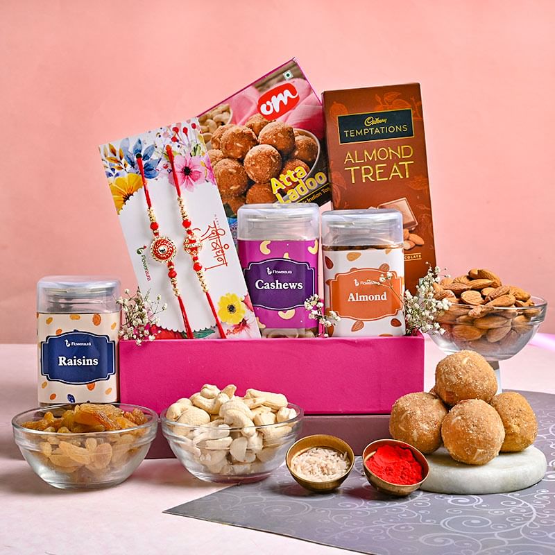 Order Rakhi For Brother Online With Chocolates, Dry Fruits, Sweets Combo - Set of 2 Rakhi