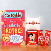 Rakhi with Greeting Card and Two Kitkats alongwith a Printed Mug