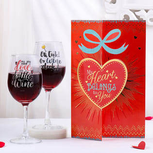 Heart Greeting Card With Wine Glass Set