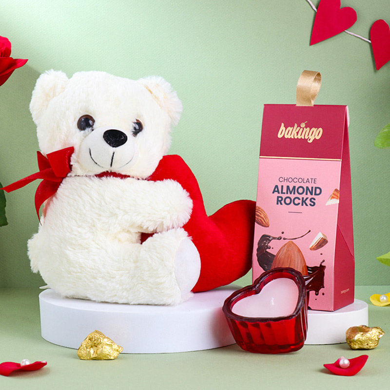 Heart Shape Candle With Almond Rocks N Teddy Bear