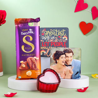 Heart Shaped Candle With Two Coasters N Chocolate