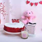 Heart Shaped Red Velvet Cake With Scented Candle N Teddy