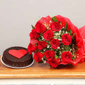 Red Heart Rose Cake Combo: Bunch of 12 Red Roses with Chocolate Cake