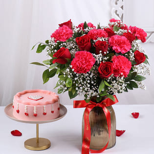 Hearts Chocolate Cake With Mixed Blooms