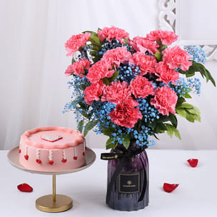 Hearts Chocolate Cake With Pink Carnations