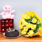 Half Kg Chocolate Cake Pink Teddy Nine Heart Shaped Chocolates Ten Yellow Roses Bunch