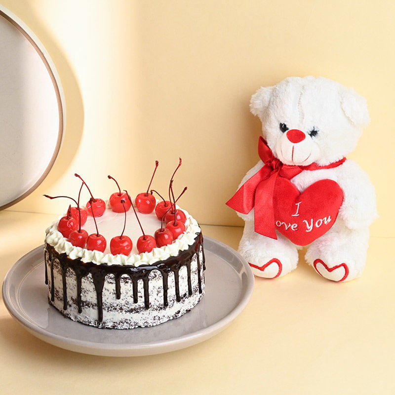 Heavenly Black Forest Cake N Teddy Combo