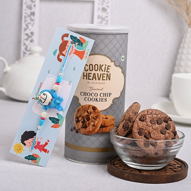 Send Divine rakhi Online  For Brother with Dry Fruits - Stunning Silver Ganesha Rakhi N Choco Chip Cookies