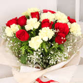 Hey Rose Hi Carnation - Bouquet of 10 White Carnations and 10 Red Roses with White Jute Packing