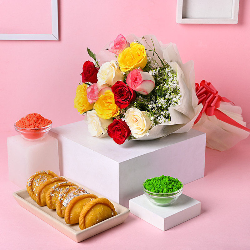 Holi Gift Combo With Rose N Gulaal N Gujiya