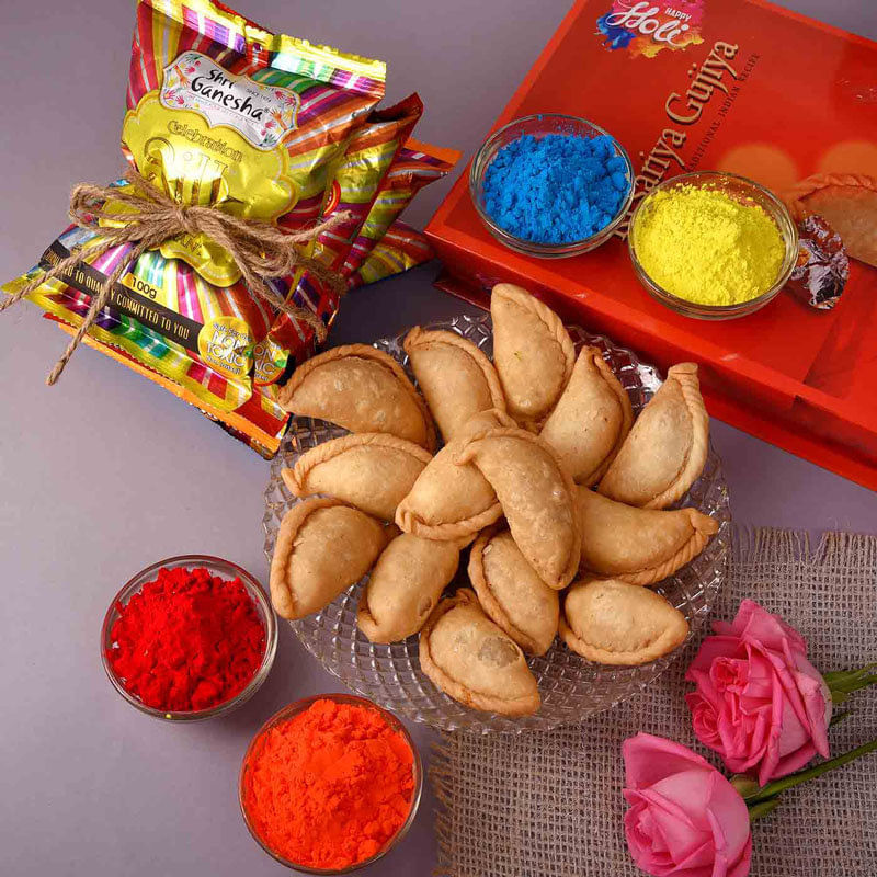 Holi Hamper Set Of Four Silk Gulaal With Kesar Gujiya