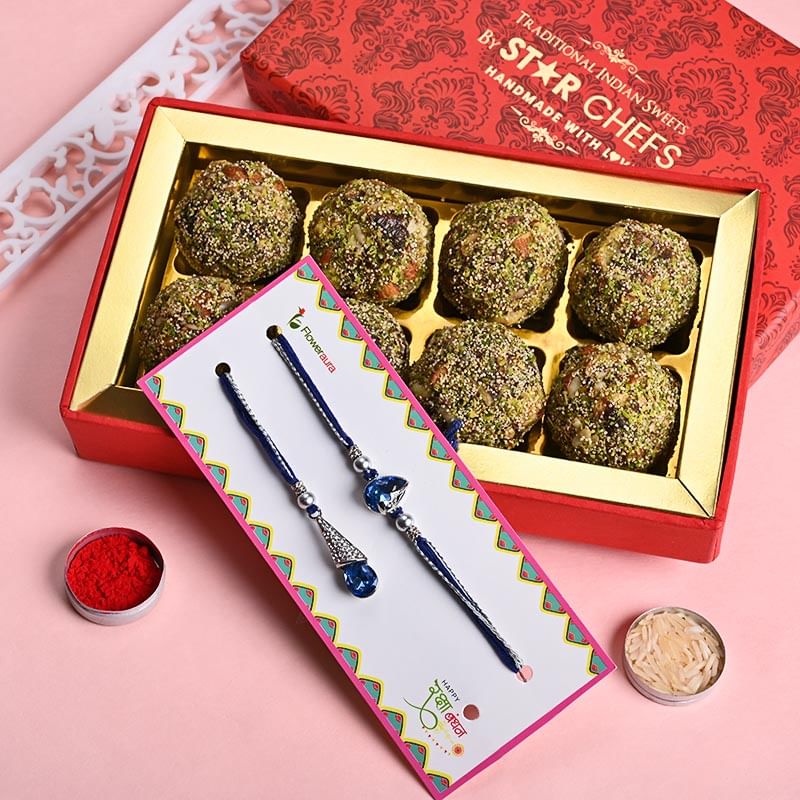 Order Homemade Dry Fruit Laddoos With Designer Rakhi Duo Online in India