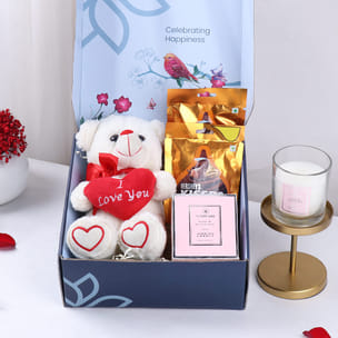 i love you teddy bear, rose and candle, hershey's chocolates, and blue box i love you teddy bear, rose and candle,hershey's chocolates, and blue box