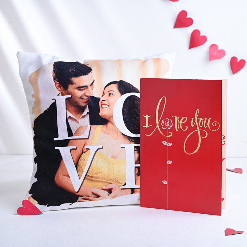 I Love You Greeting Card With Personalised Cushion