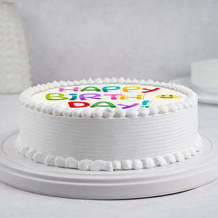 White Happy Birthday Cake - Side View