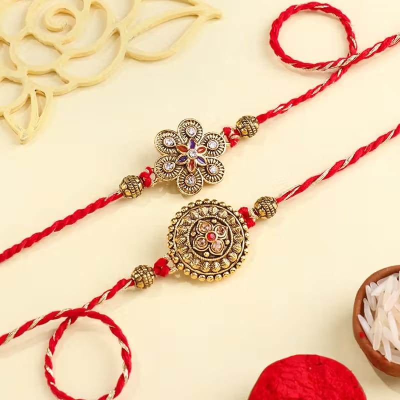 Golden Designer Rakhi Duo With Lucky Bamboo