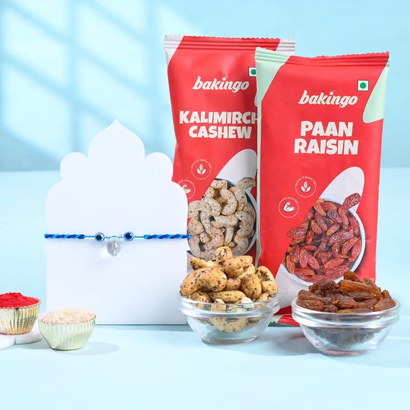 Red Evil Eye Rakhi With Nutty Treats-Overseas