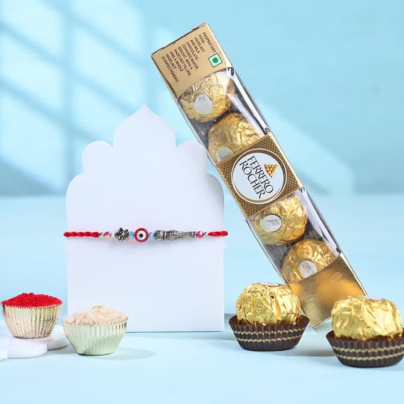 Red Evil Eye Rakhi With Ferrero Rocher-Overseas
