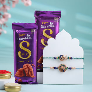 Intricate Peacock Rakhi Duo With Chocolates-Overseas