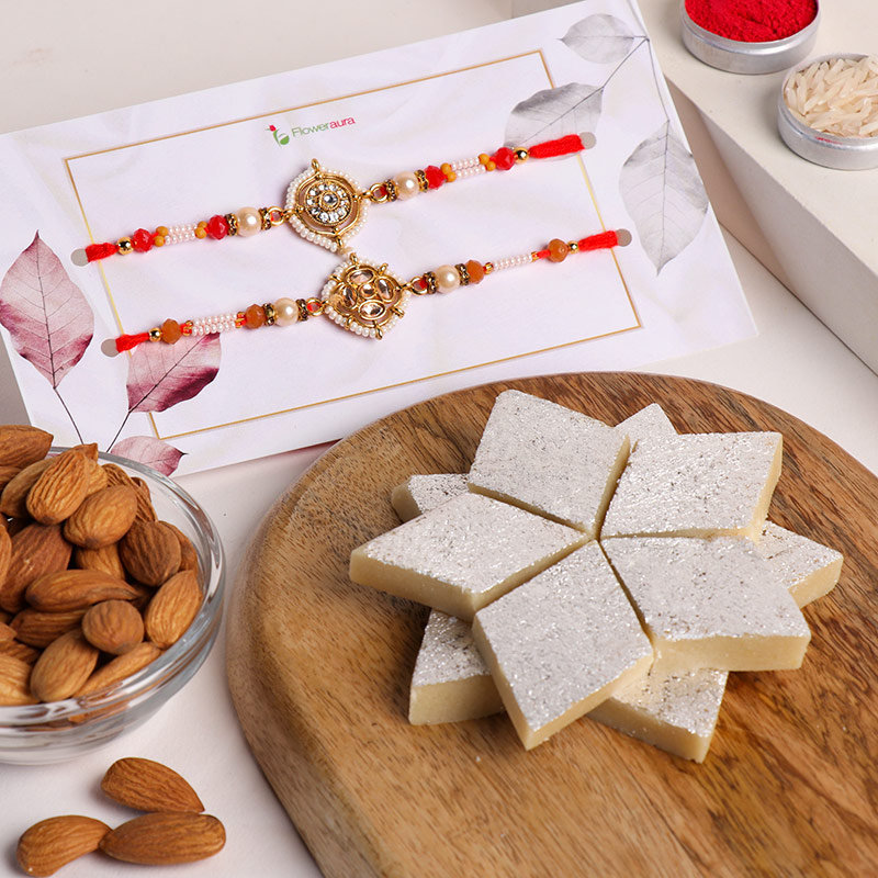 Intricate Pearl Rakhi Set With Almonds N Sweets