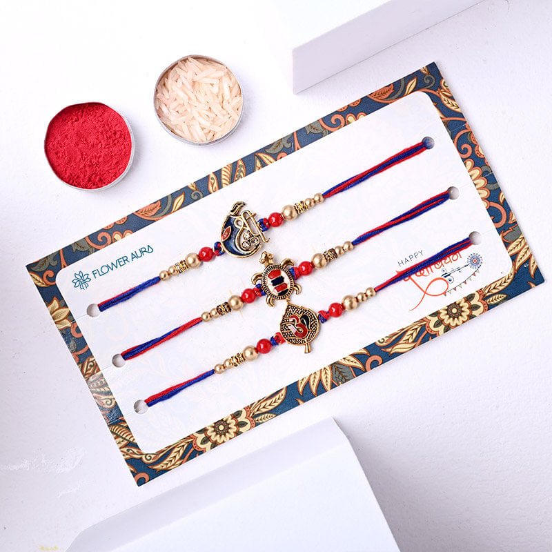 Top View of Intricate Rakhis with Roli and Chawal