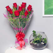 Jade Rose Goodness - Succulent and Cactus Outdoors in Gola Vase with Bunch of 10 Red Roses