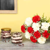 Jar Cake N Carnation Combo - Bunch of 12 Carnations with 2 Choco Chip Jar Cakes