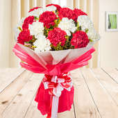 Front view of 5 red and 5 white Carnations bouquet - First gift of Jaw Dropping Combo