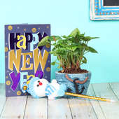 Jovial Syngonium Xmas HNY Combo - Foliage Plant Indoors in Anchor Vase with New Year Greeting Card and One Snowman Pencil