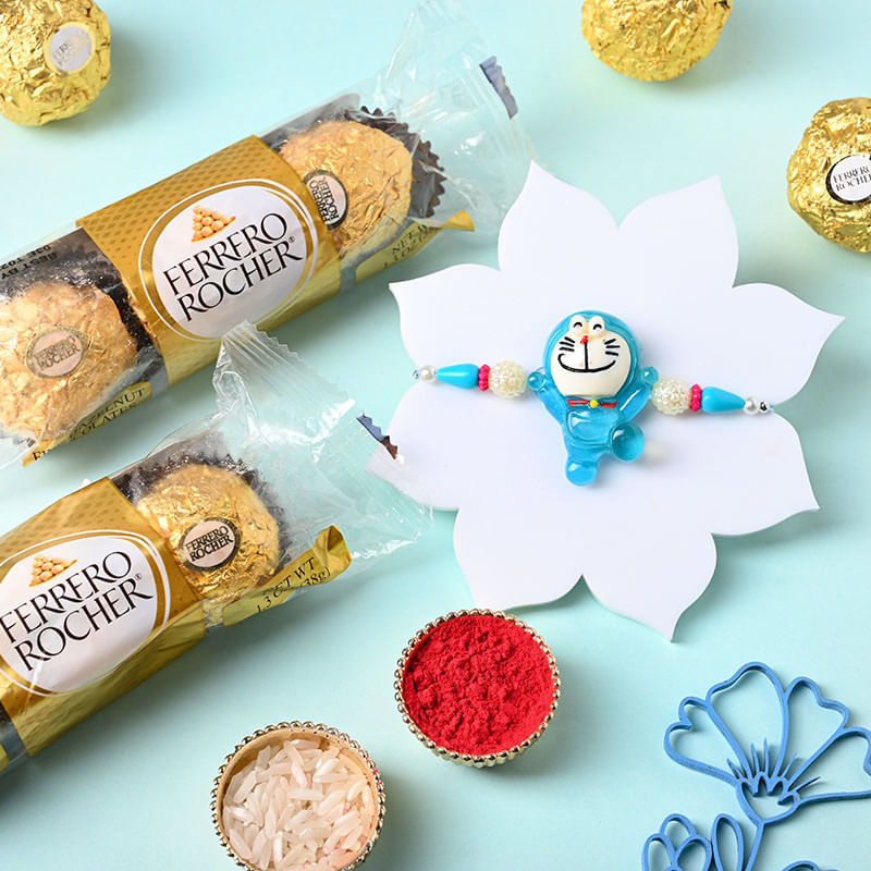 Joyful Doraemon Rakhi And Ferrero Rocher Combo