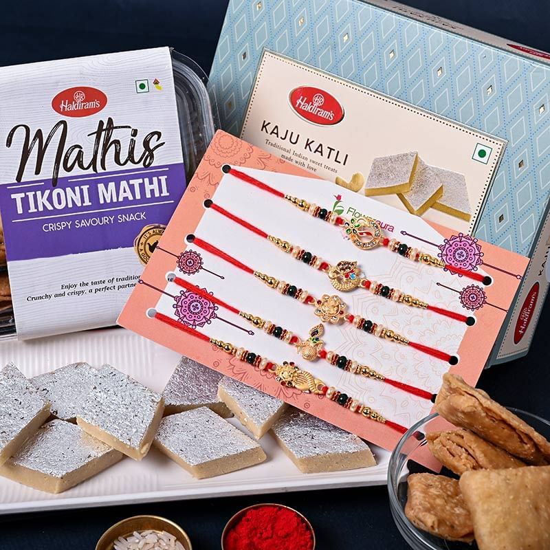 Buy Set of 5 Rakhi Online For Brotherwith Sweets - Royal Kaju Katli N Crunchy Tikoni Matthis With Five Vibrant Rakhis